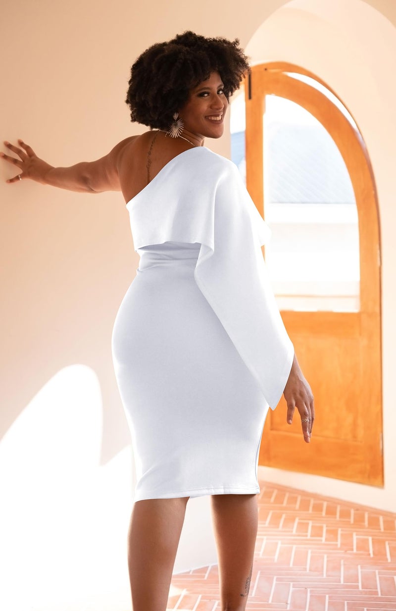GOBLES Women's Elegant Asymmetrical One Shoulder Cape Bodycon Party Cocktail Midi Dress White - Image 4